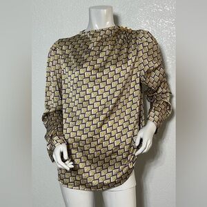 Boxy Graphic Cream and Brown Long Sleeve Blouse
